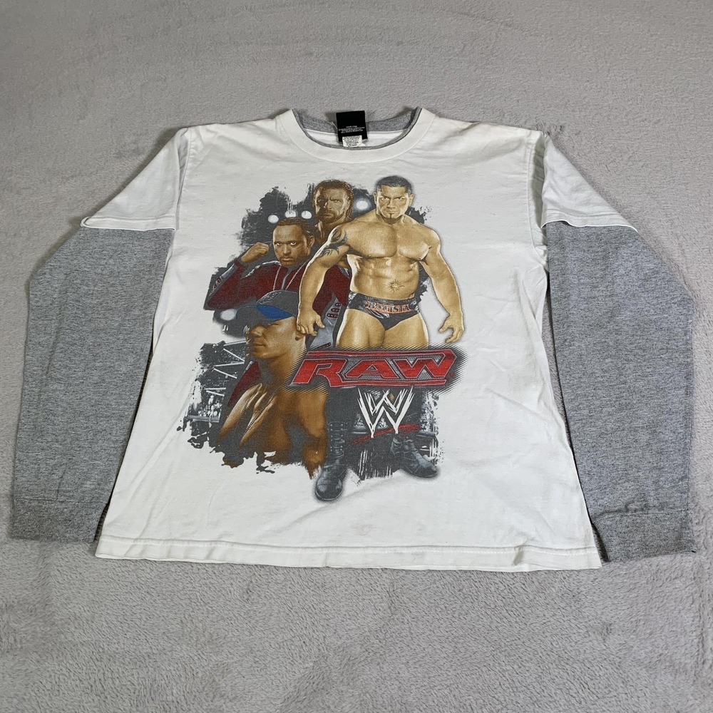 Y2K WWE RAW Shirt Youth Boys S White Batista John Cena Layered Long Sleeve 2008